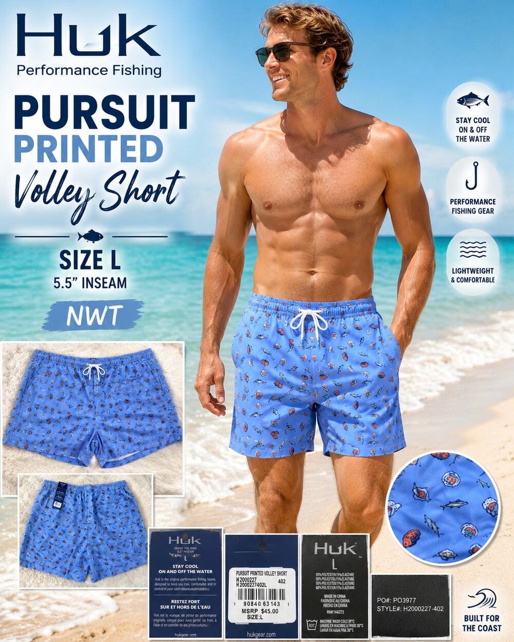 Huk Pursuit Printed Volley Swim Shorts L Blue Fish Sushi NWT